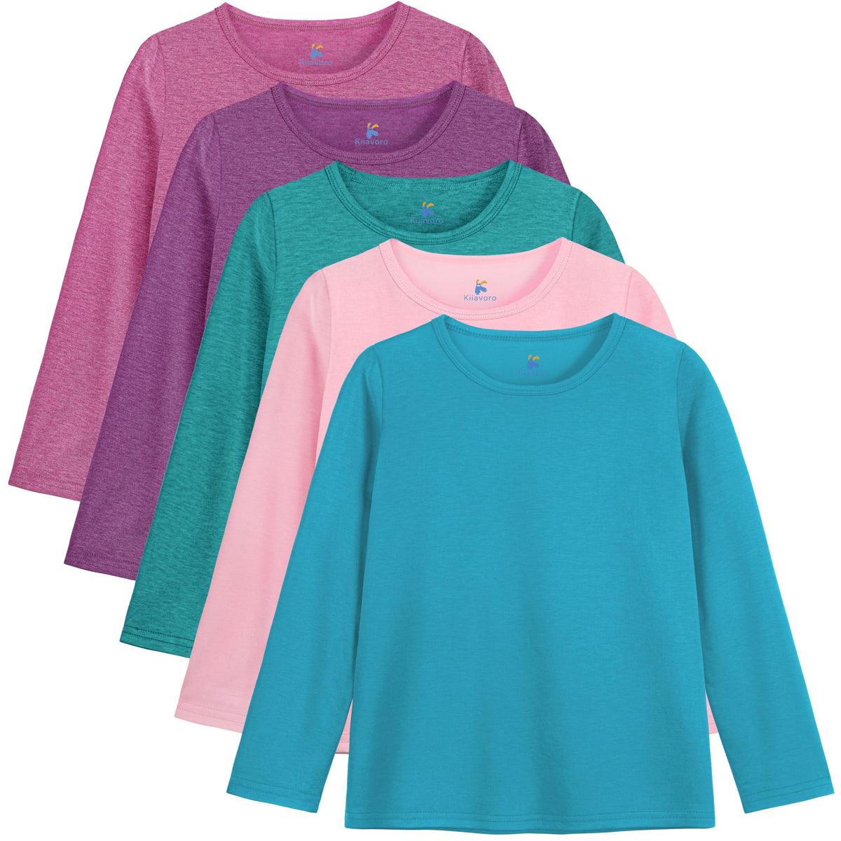 5 Pack Girls Long Sleeve Shirts Kids Basic Tees Layering Clothes Tagless