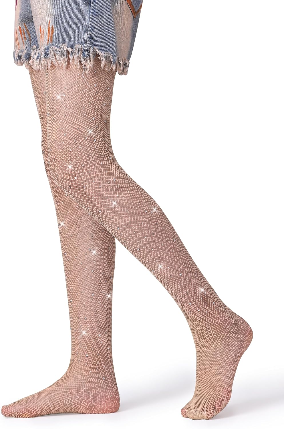 Henwarry Girls Sparkle Fishnet Stockings Children's High Waist Tights Rhinestone Hollow Out Party Pantyhose
