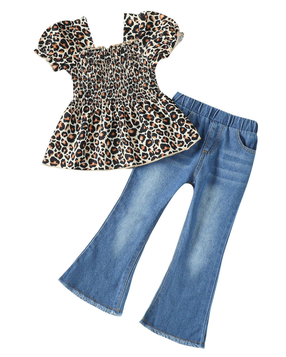 Kucnuzki Girls Clothes 2 Piece Outfits Denim Flare Jeans Short Sleeve Top