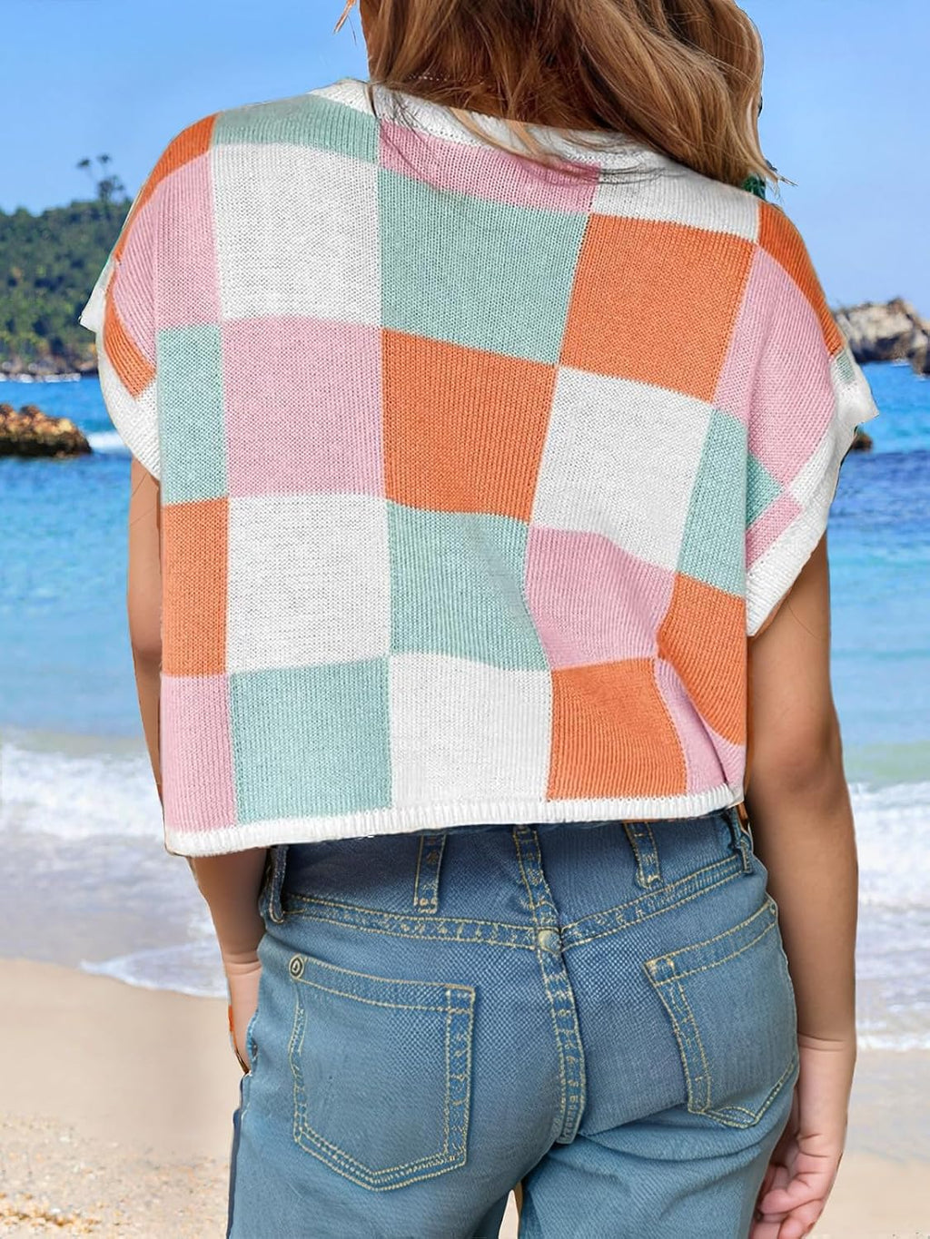 Girls Crop Sweater Tops School Picture Outfits Fashion Summer Fall Cute Cap Sleeve Colorblock Loose Teen Top