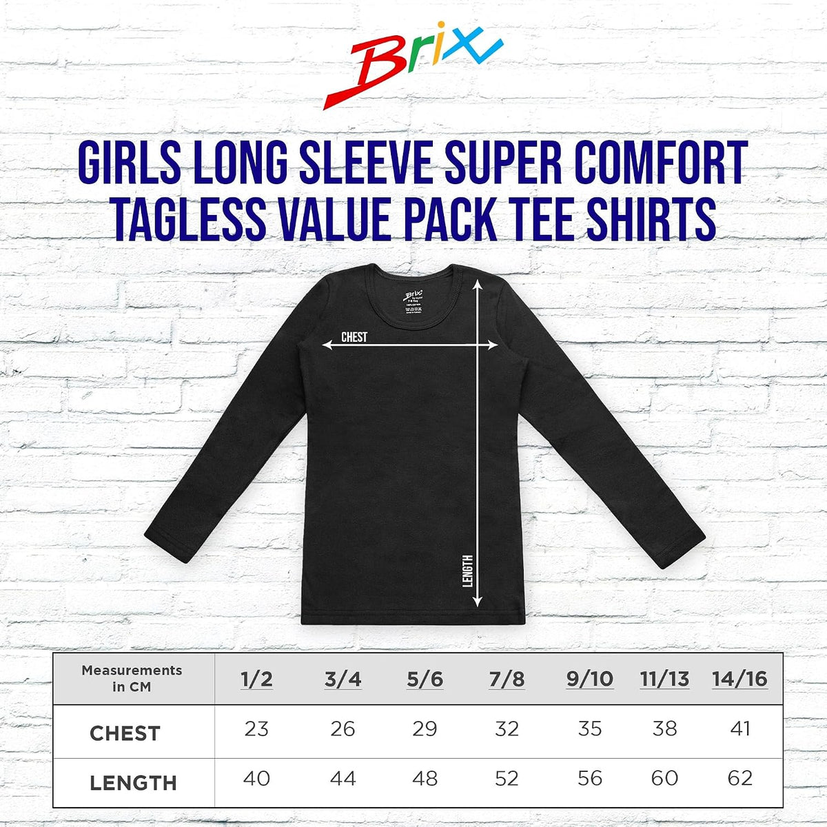 Brix Girls' Long Sleeve Tees - 100% Cotton 4 -Pack Crew Neck T Shirts.