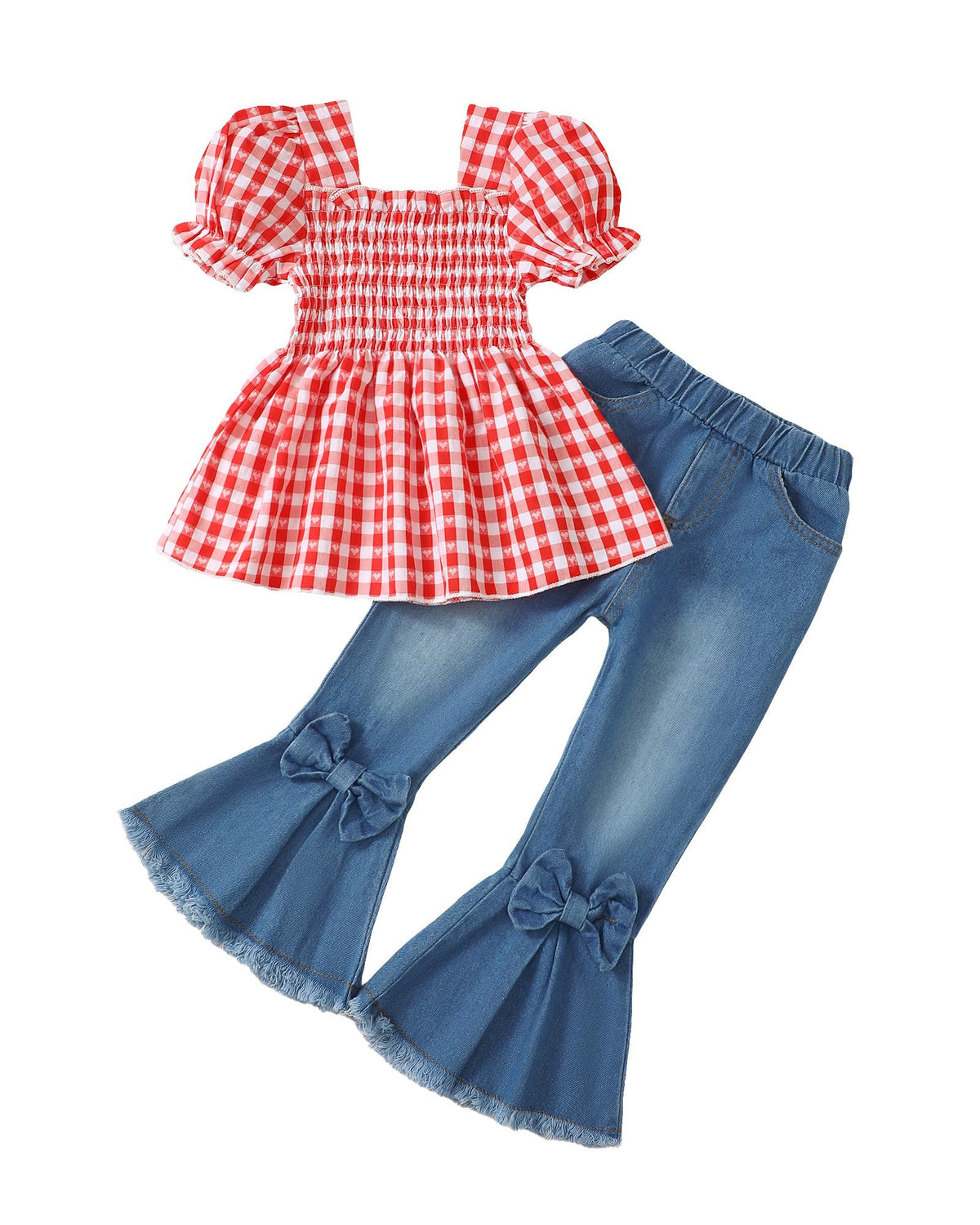 Kucnuzki Girls Clothes 2 Piece Outfits Denim Flare Jeans Short Sleeve Top