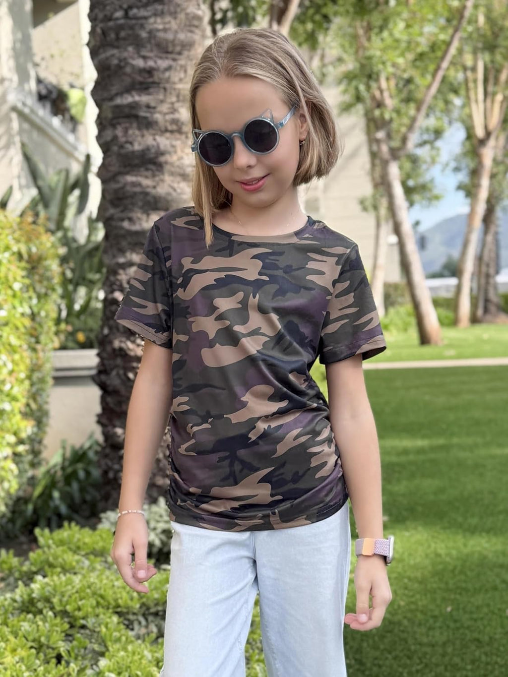 Arshiner Girls Shirts Side Ruched Short Sleeve Crewneck Tops Tee 5-12 Years