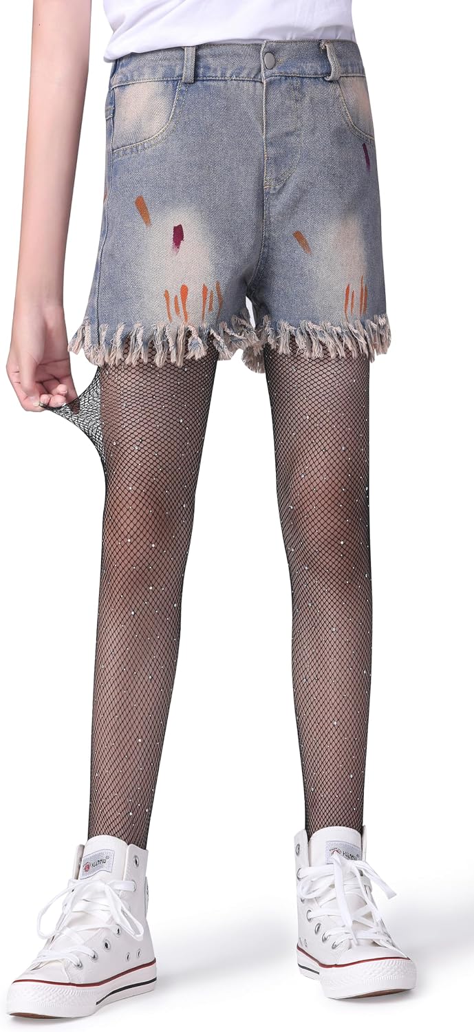 Henwarry Girls Sparkle Fishnet Stockings Children's High Waist Tights Rhinestone Hollow Out Party Pantyhose