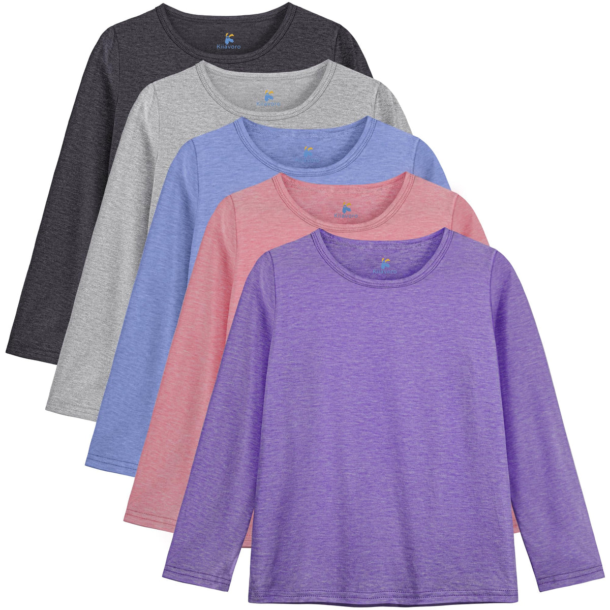 5 Pack Girls Long Sleeve Shirts Kids Basic Tees Layering Clothes Tagless