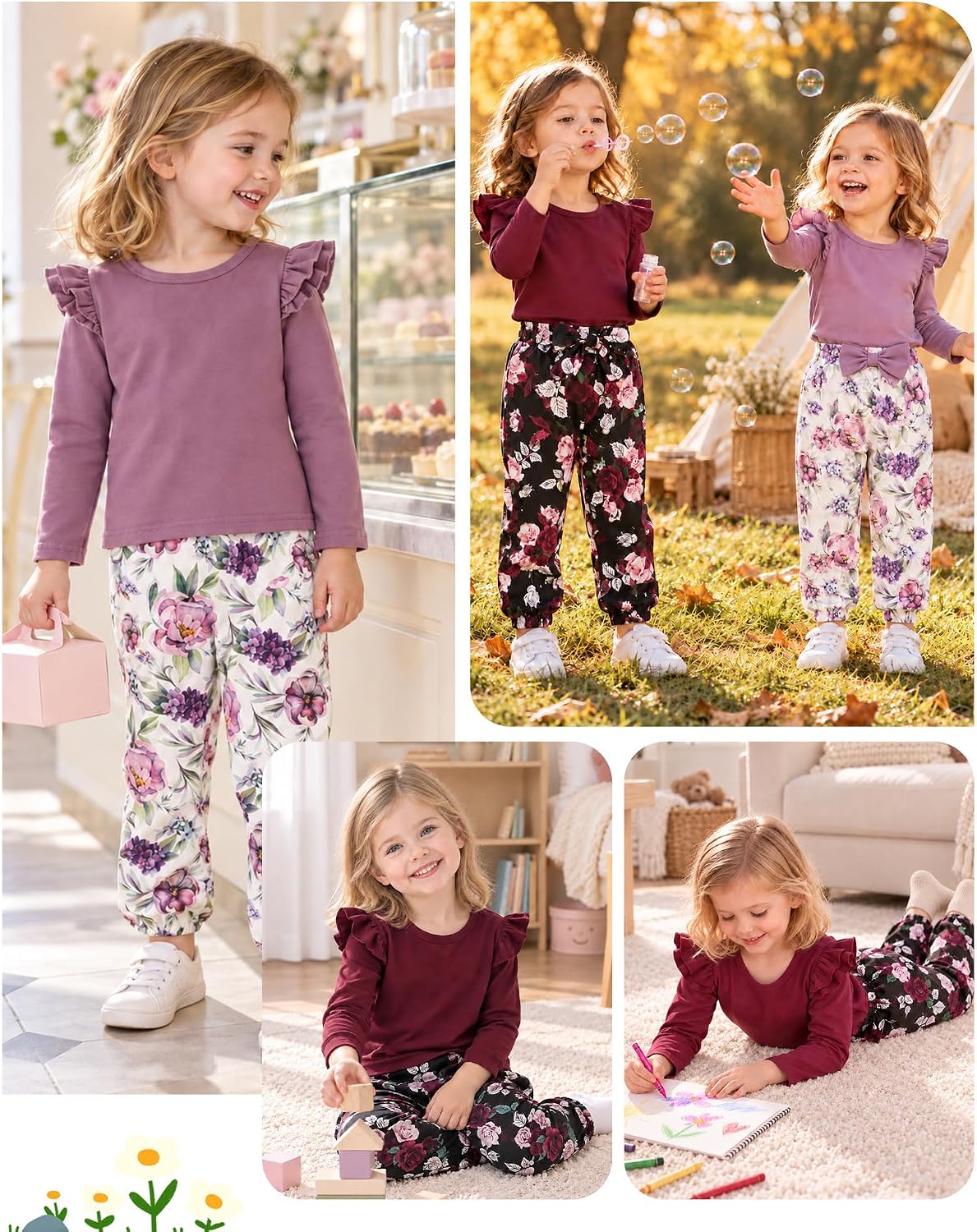 SANMIO Toddler Girl Clothes Cute Ruffle Sleeve Shirt Floral Pants Headband