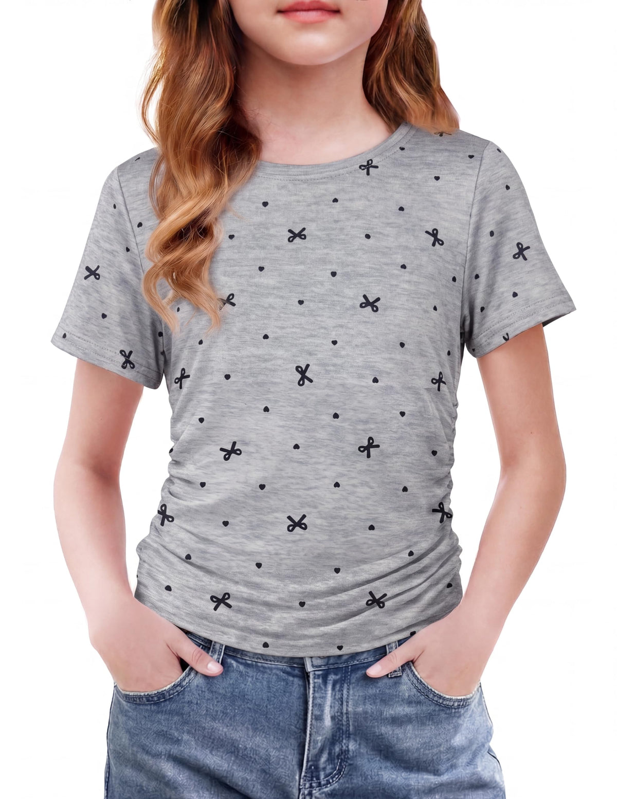 Arshiner Girls Shirts Side Ruched Short Sleeve Crewneck Tops Tee 5-12 Years