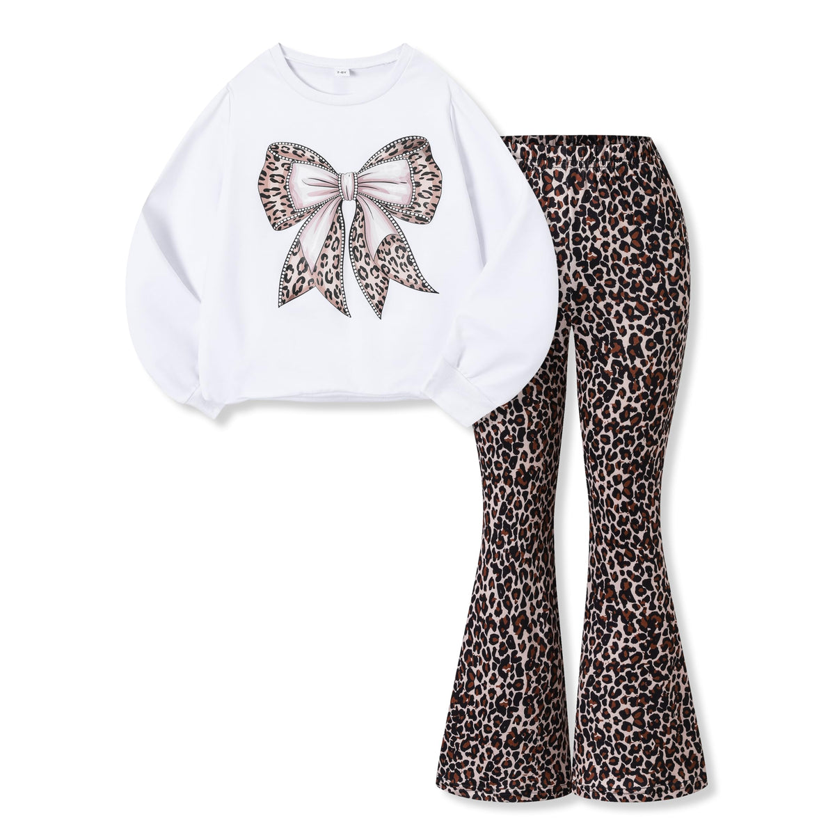 Toddler Girl Clothes Long Sleeve Cartoon & Letter Graphic Top + Fruit Stationery Print Flared Leg Pants