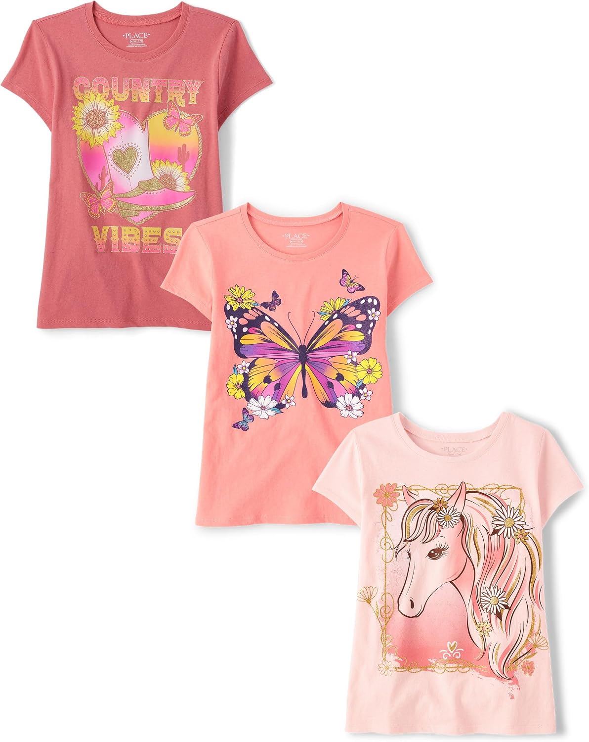 The Children's Place Girls' Unicorns,Butterfly Short Sleeve Graphic T-Shirts,3 Pack