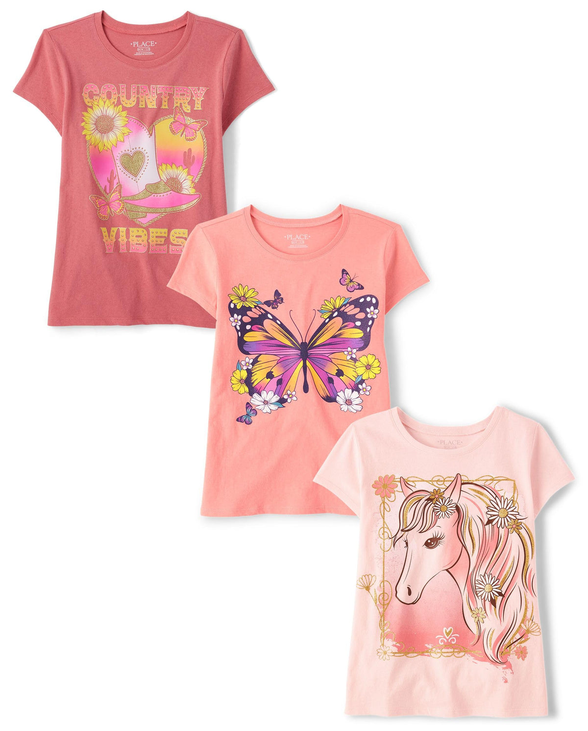The Children's Place Girls' Unicorns,Butterfly Short Sleeve Graphic T-Shirts,3 Pack