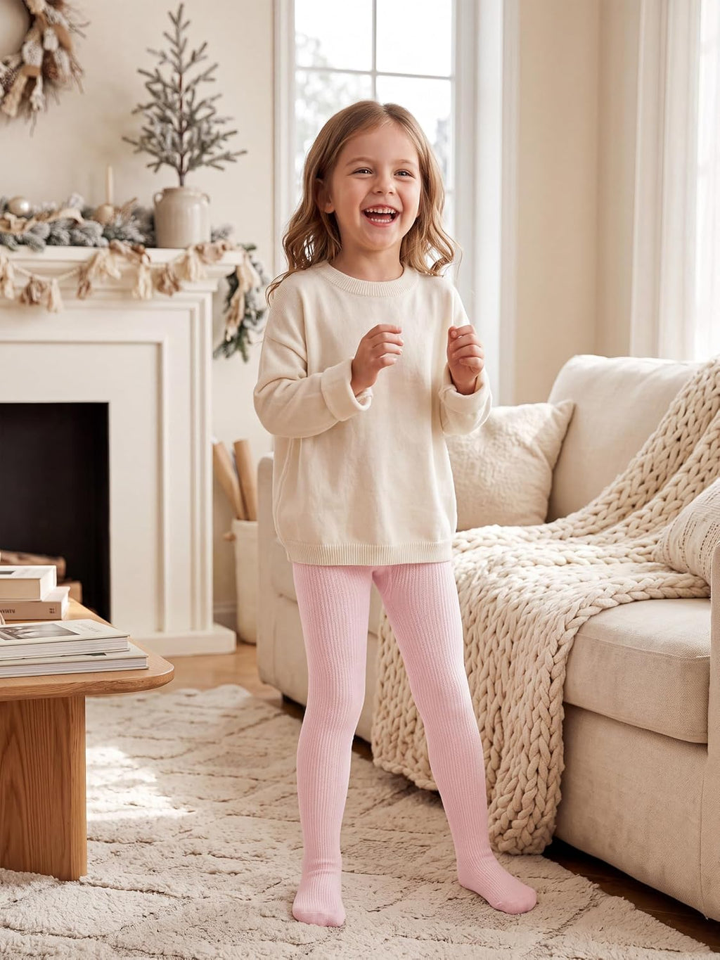 Poroka Girls Cable Knit Cotton Tights Soft Seamless leggings For Kids