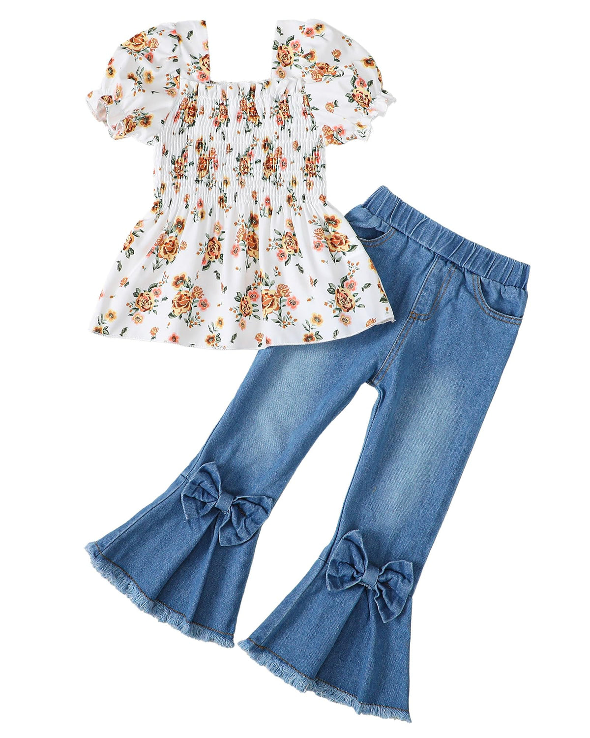 Kucnuzki Girls Clothes 2 Piece Outfits Denim Flare Jeans Short Sleeve Top