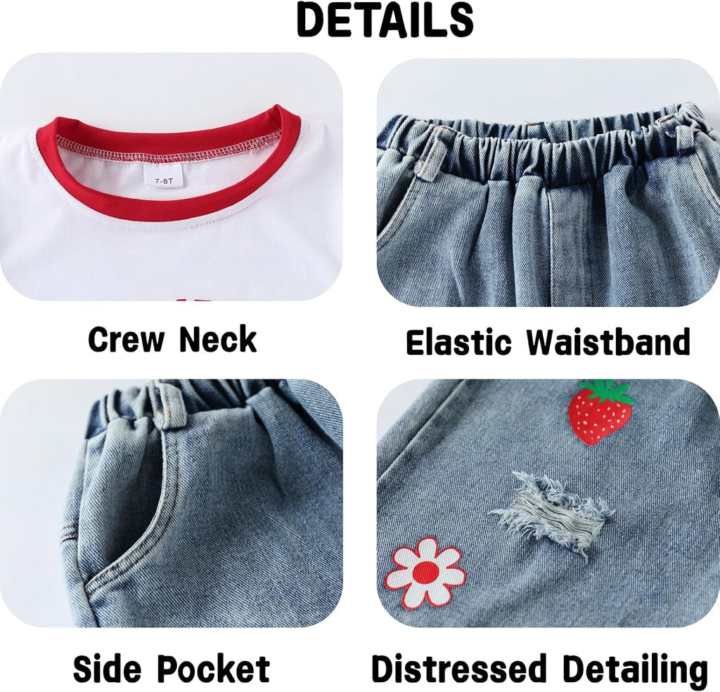 Azmxynol Tween Girl Clothes Short Sleeve Top + Butterfly Design Jeans 2 Pieces Spring Summer Outfit Set, Size 6-16 Years