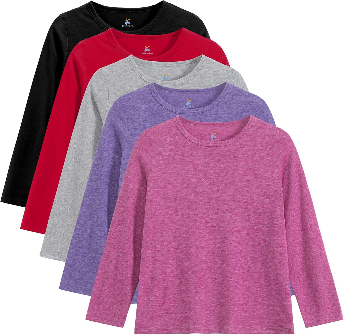 5 Pack Girls Long Sleeve Shirts Kids Basic Tees Layering Clothes Tagless