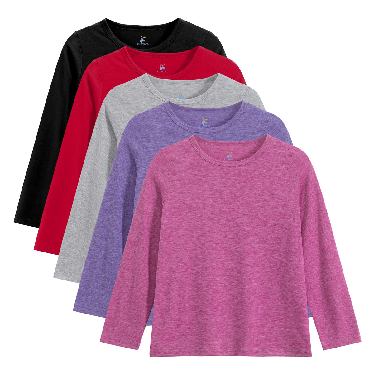 5 Pack Girls Long Sleeve Shirts Kids Basic Tees Layering Clothes Tagless