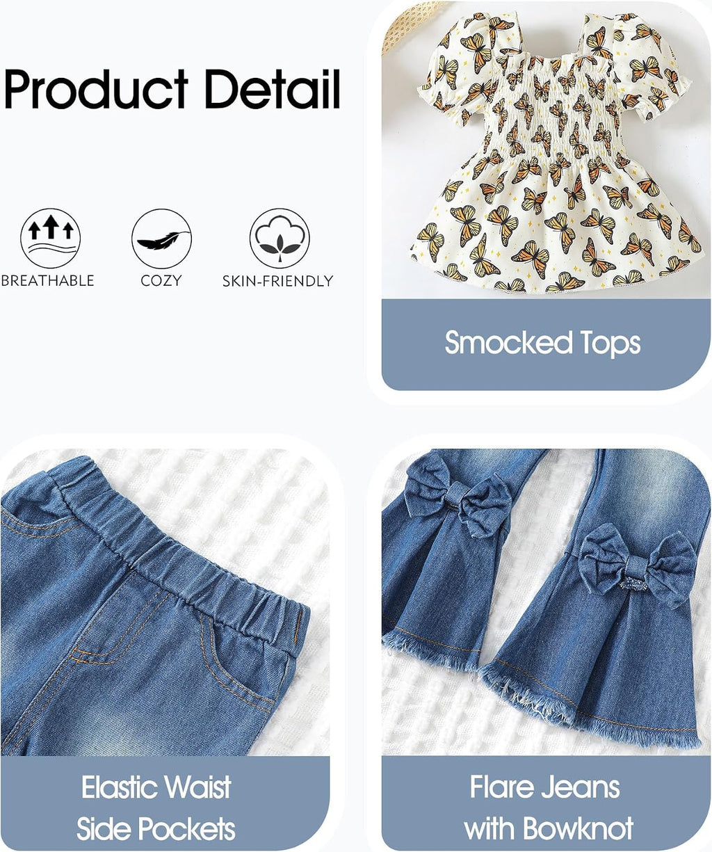Kucnuzki Girls Clothes 2 Piece Outfits Denim Flare Jeans Short Sleeve Top