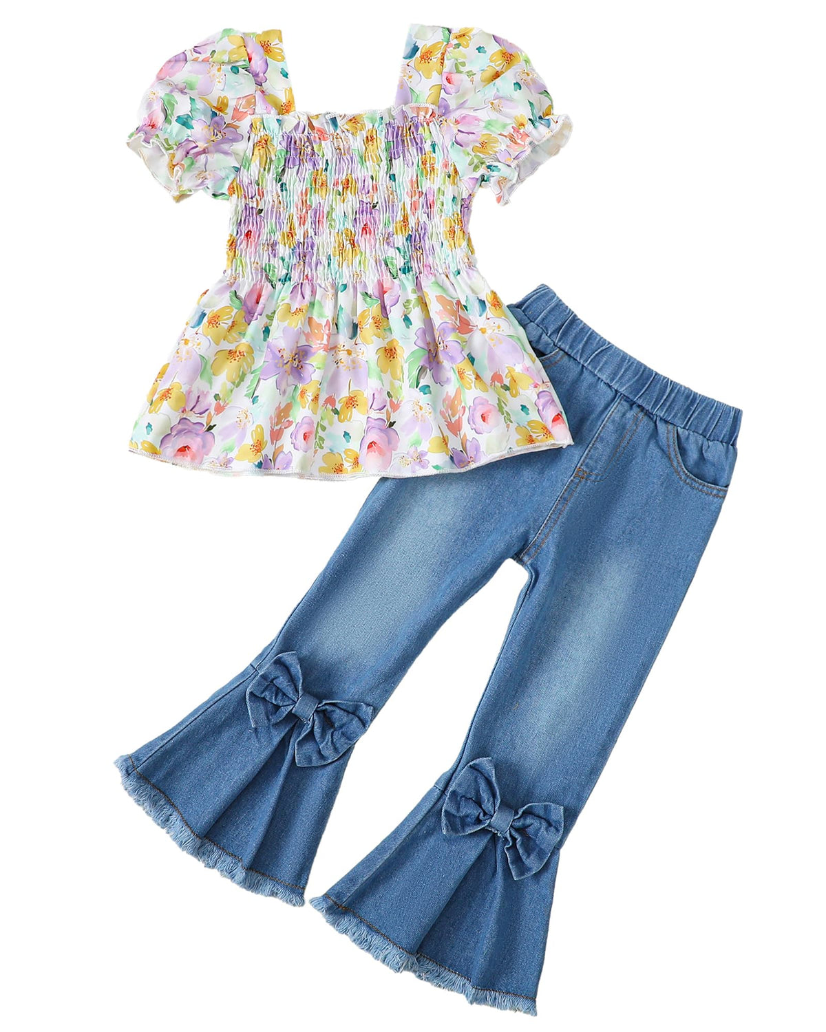 Kucnuzki Girls Clothes 2 Piece Outfits Denim Flare Jeans Short Sleeve Top