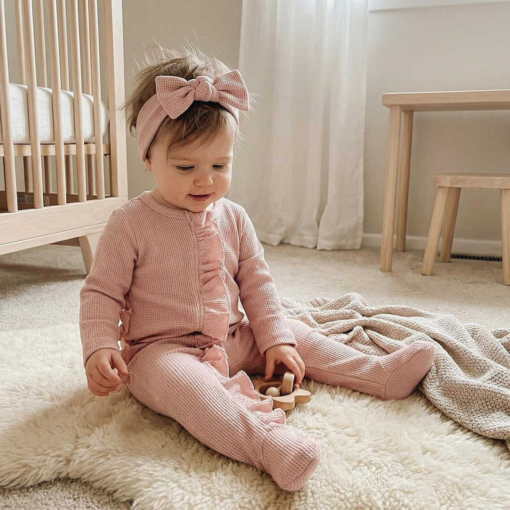 allshope Infant Baby Girl Fall Outfit Romper Footies Solid Color Frills Ruffle Trim Jumpsuit Bodysuits Newborn Winter Clothes