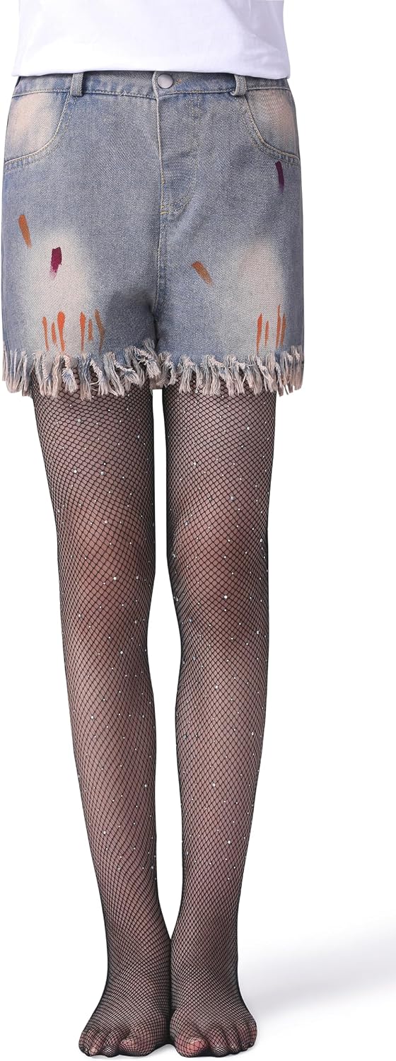 Henwarry Girls Sparkle Fishnet Stockings Children's High Waist Tights Rhinestone Hollow Out Party Pantyhose