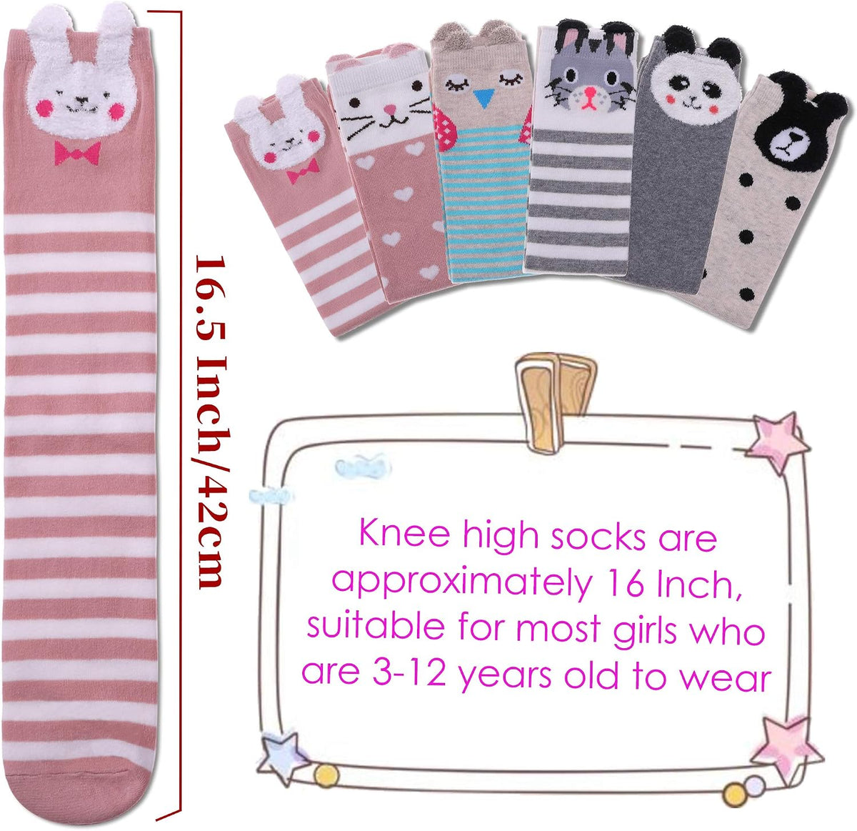 FNOVCO Girls Knee High Socks Kids Crazy Fun Gift Cute Animal Patterns Cotton Long Socks 6 Pairs