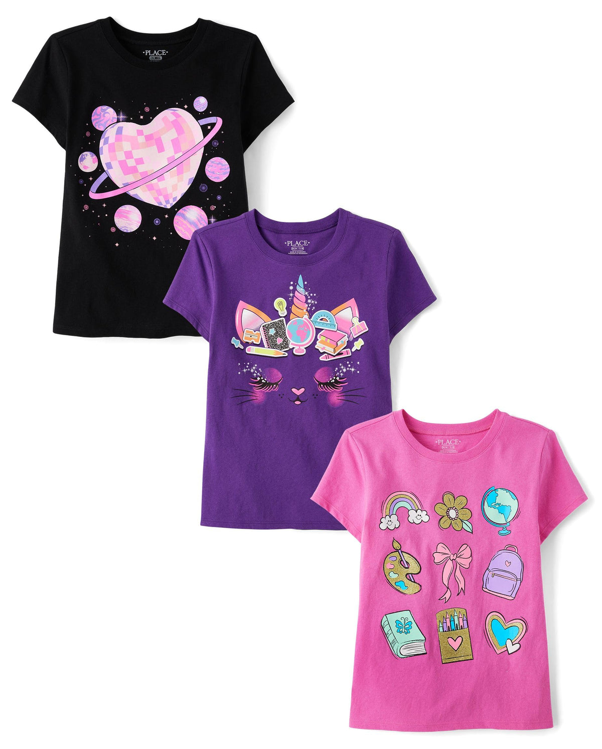 The Children's Place Girls' Unicorns,Butterfly Short Sleeve Graphic T-Shirts,3 Pack