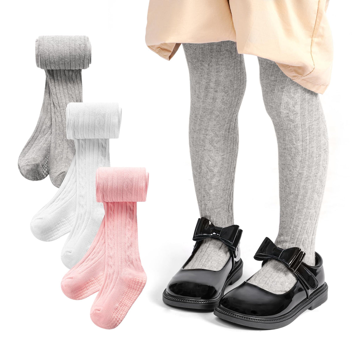 3 Pack Toddler Tights Non Slip Tights for Girls (6 months-6 years)