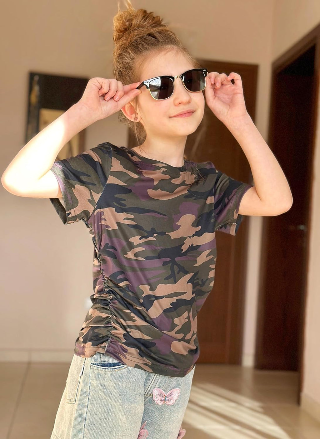 Arshiner Girls Shirts Side Ruched Short Sleeve Crewneck Tops Tee 5-12 Years