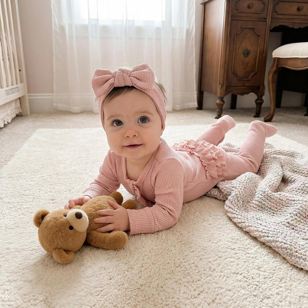 allshope Infant Baby Girl Fall Outfit Romper Footies Solid Color Frills Ruffle Trim Jumpsuit Bodysuits Newborn Winter Clothes