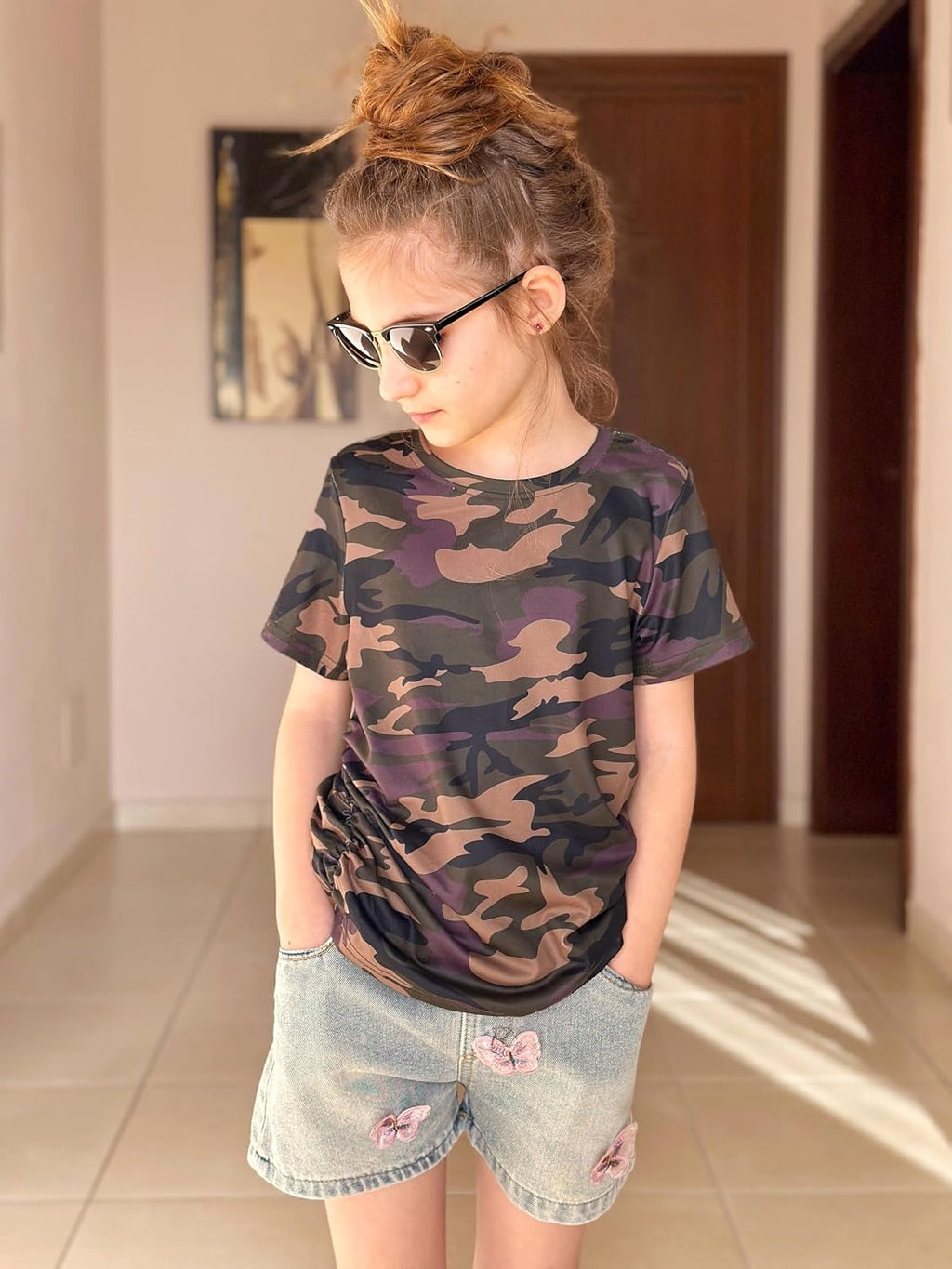 Arshiner Girls Shirts Side Ruched Short Sleeve Crewneck Tops Tee 5-12 Years