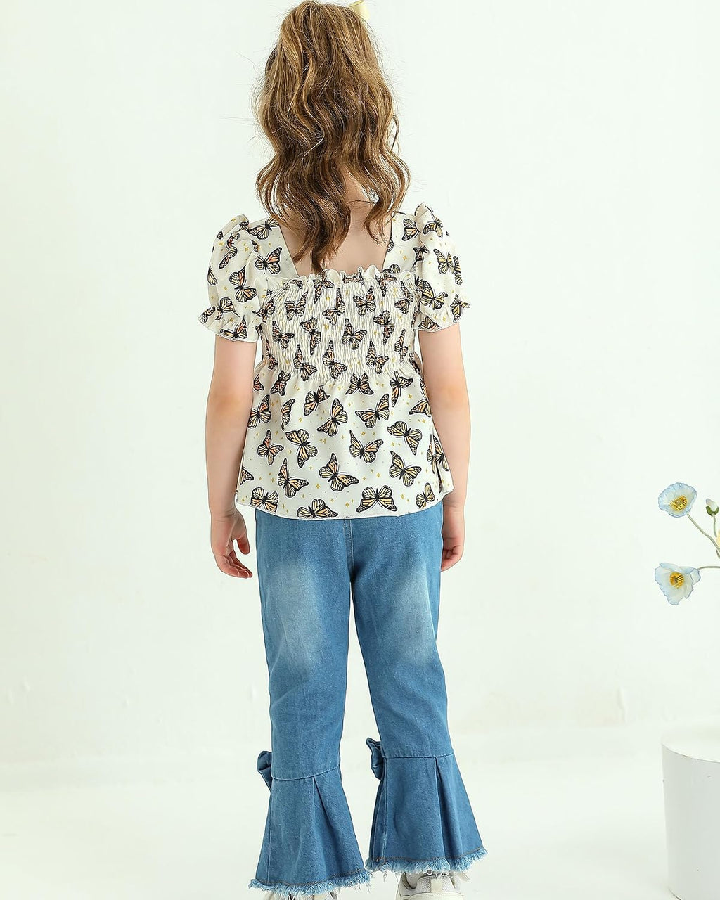 Kucnuzki Girls Clothes 2 Piece Outfits Denim Flare Jeans Short Sleeve Top