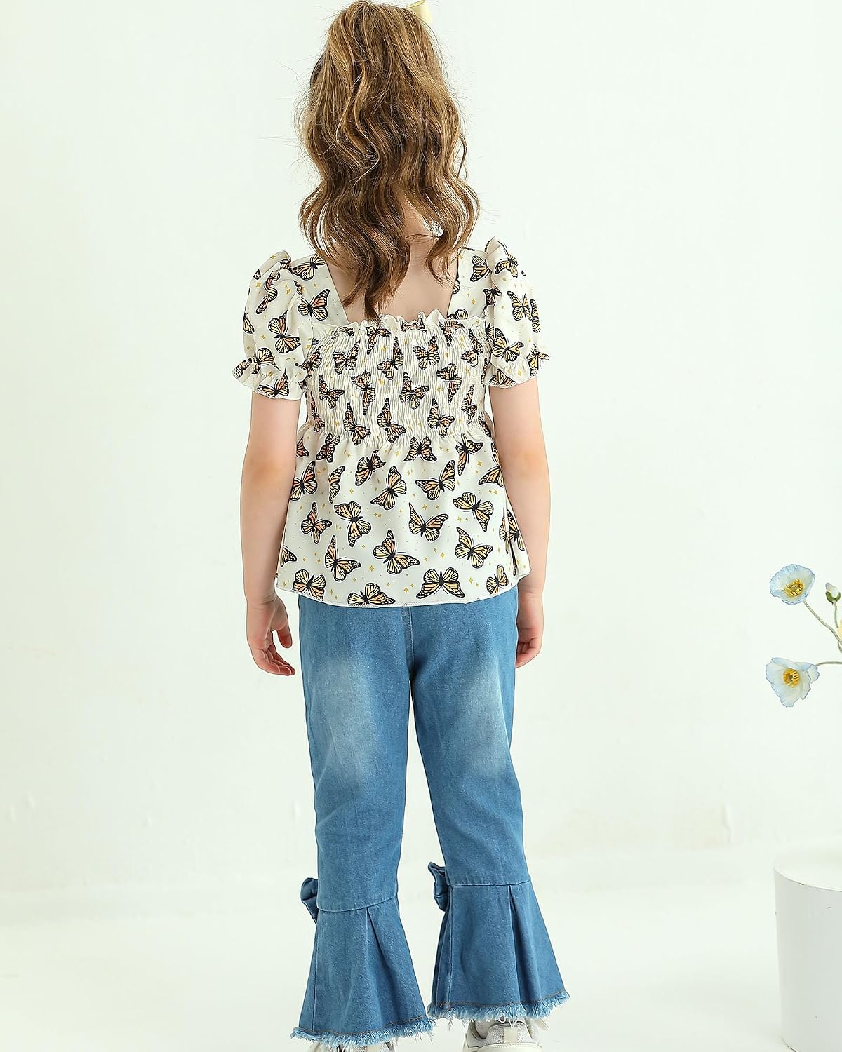 Kucnuzki Girls Clothes 2 Piece Outfits Denim Flare Jeans Short Sleeve Top