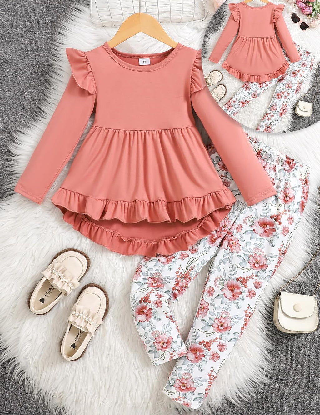 Doresbebe Toddler Girl Clothes Kid Fall Outfit Ruffle Sleeve Shirt Top Floral Pants Winter Clothing Set