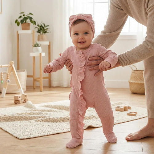 allshope Infant Baby Girl Fall Outfit Romper Footies Solid Color Frills Ruffle Trim Jumpsuit Bodysuits Newborn Winter Clothes