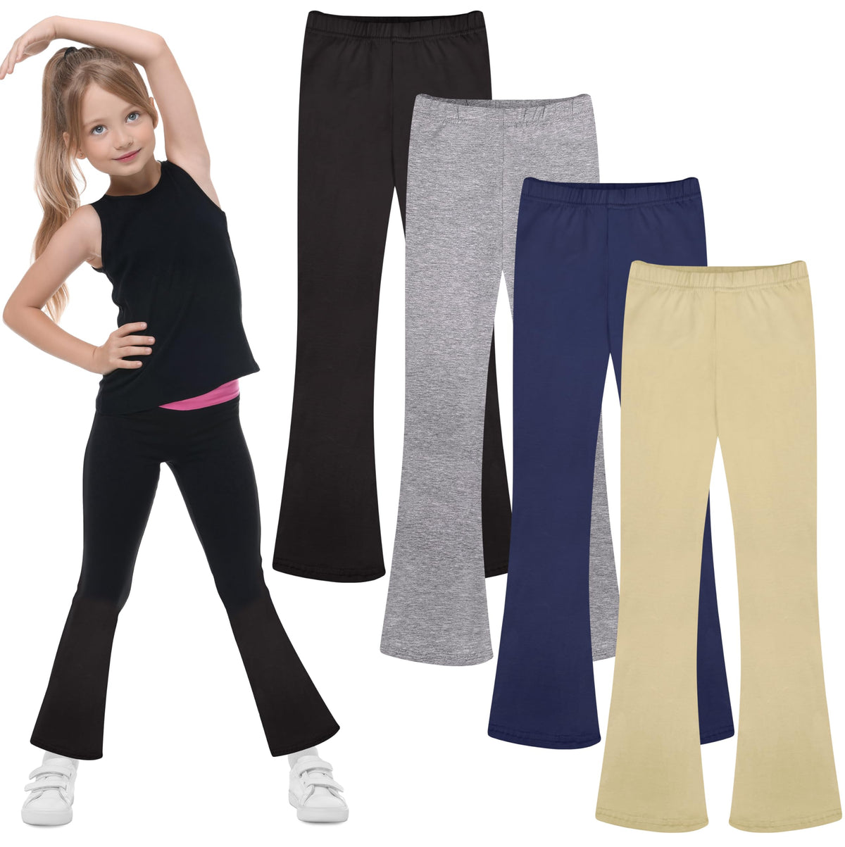 FEQO 4 Pack Girls Flare Leggings Pants Cotton Leggings Bell Bottoms 5-14Y