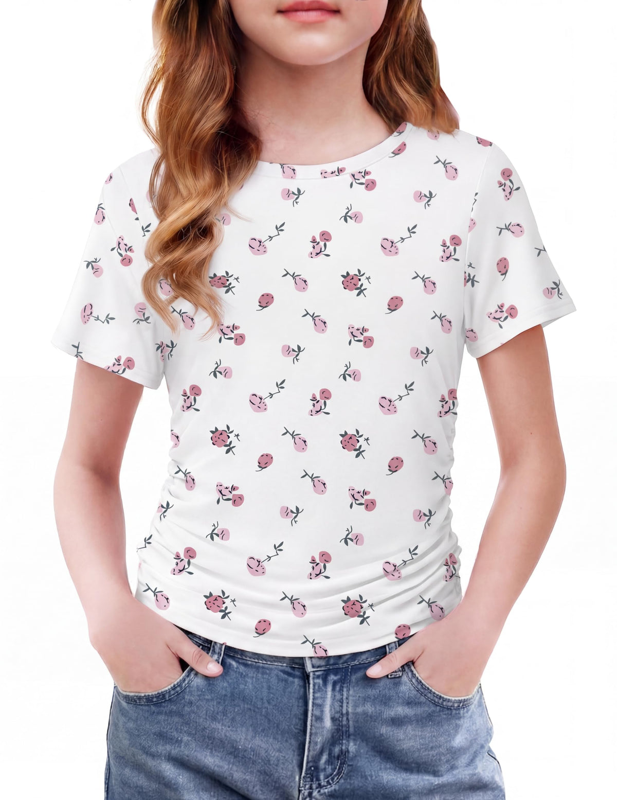 Arshiner Girls Shirts Side Ruched Short Sleeve Crewneck Tops Tee 5-12 Years