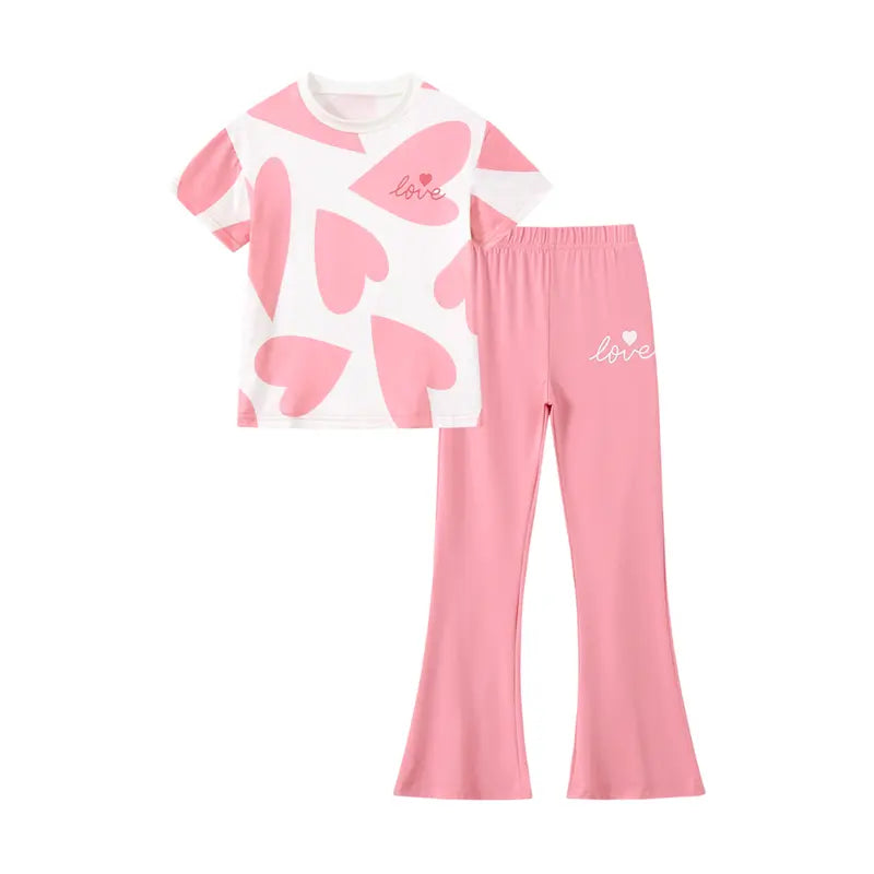 #SummerVibes Girls' 2-Piece Summer Set , Heart Print Short-Sleeve Top and Flare Pants, Cute and Comfy Casual Outfit for Kids