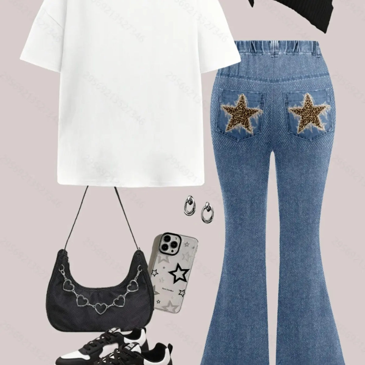 Teen Girls' Two-Piece Casual Set: Short-Sleeve Crewneck T-Shirt and Flared Pants — Vintage Leopard Print and Star Pattern, Matching Clothing Set, Fashion Style Sets, Summer Clothes Set, Summer Outfits Set