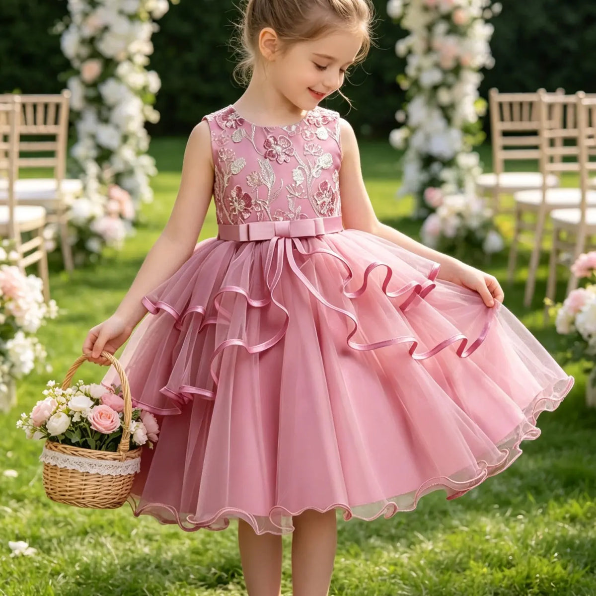 Girls' Flower Embroidery Belted Tulle Dress, Elegant Sleeveless Round Neck Formal  Dress for Party Wedding Guest, Kids Clothes for All Seasons