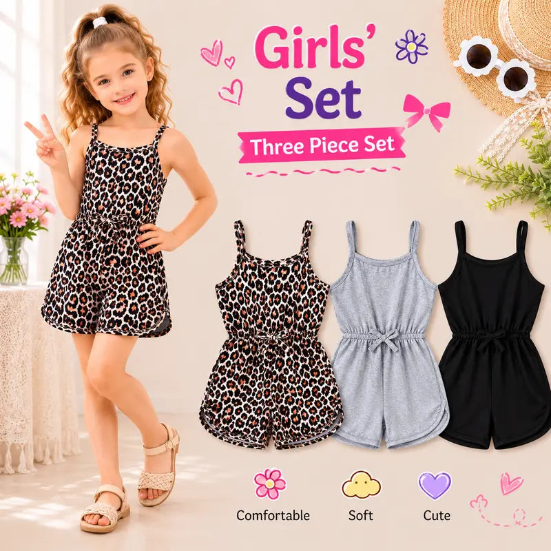 Girls' 3-Piece Sleeveless Cami Romper Matching Outfits Set (4-7 Years) - Floral, Leopard Prints & Solids for New Looks, Adjustable Bow, Fitted Cut Summer Casual Beach Vacation Jumpsuit Outfit