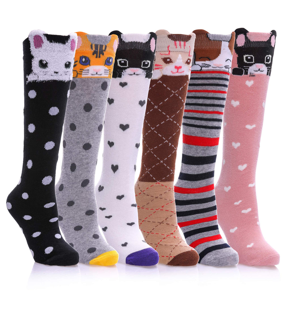 FNOVCO Girls Knee High Socks Kids Crazy Fun Gift Cute Animal Patterns Cotton Long Socks 6 Pairs