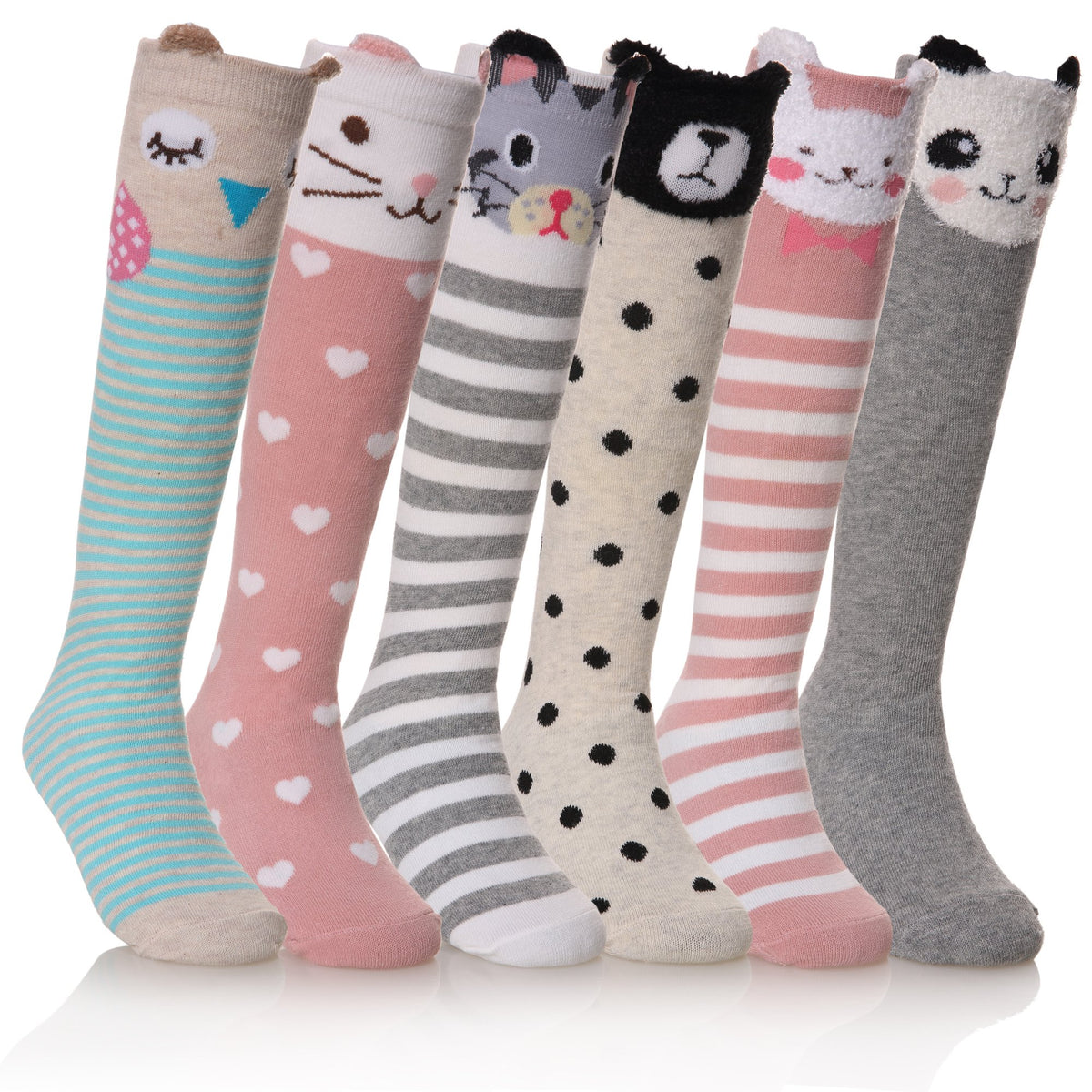 FNOVCO Girls Knee High Socks Kids Crazy Fun Gift Cute Animal Patterns Cotton Long Socks 6 Pairs