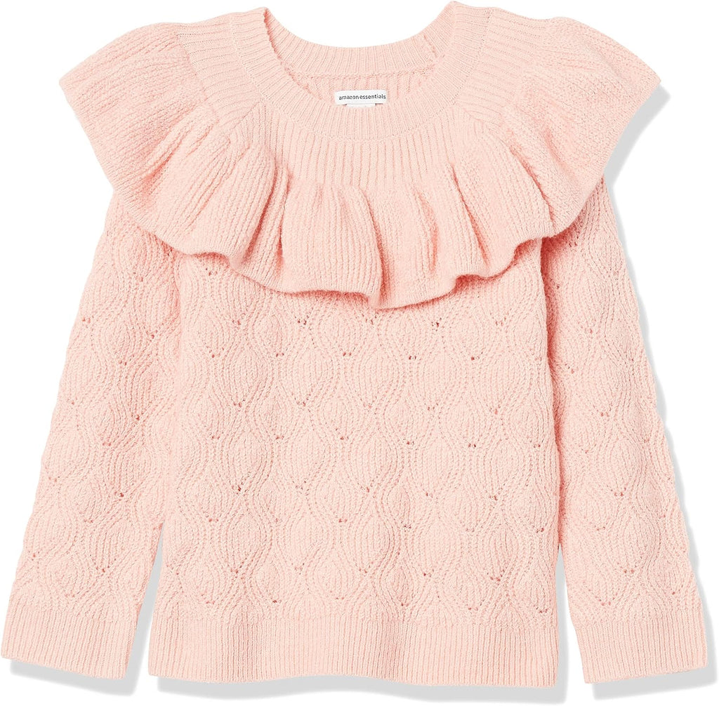 Amazon Essentials Girls and Toddlers' Soft Touch Pullover Crewneck Ruffle Sweater, Cable Knit, Cotton Blend