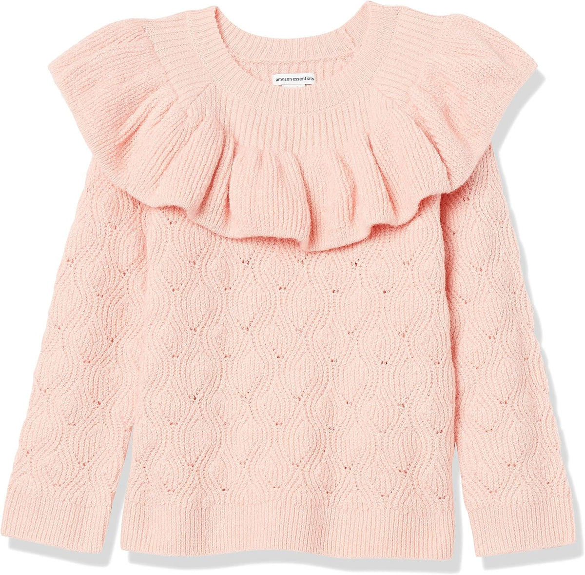 Amazon Essentials Girls and Toddlers' Soft Touch Pullover Crewneck Ruffle Sweater, Cable Knit, Cotton Blend
