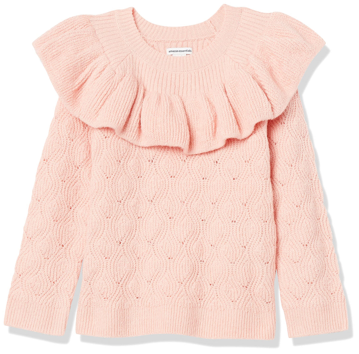 Amazon Essentials Girls and Toddlers' Soft Touch Pullover Crewneck Ruffle Sweater, Cable Knit, Cotton Blend