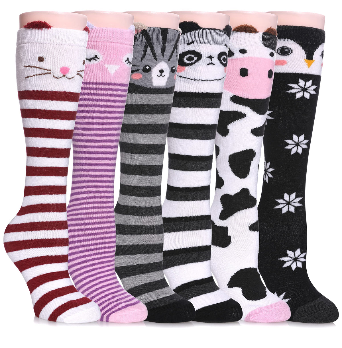 FNOVCO Girls Knee High Socks Kids Crazy Fun Gift Cute Animal Patterns Cotton Long Socks 6 Pairs