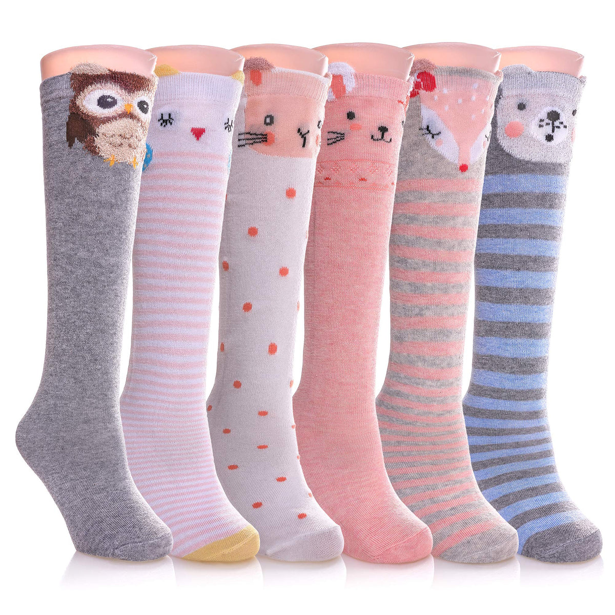 FNOVCO Girls Knee High Socks Kids Crazy Fun Gift Cute Animal Patterns Cotton Long Socks 6 Pairs