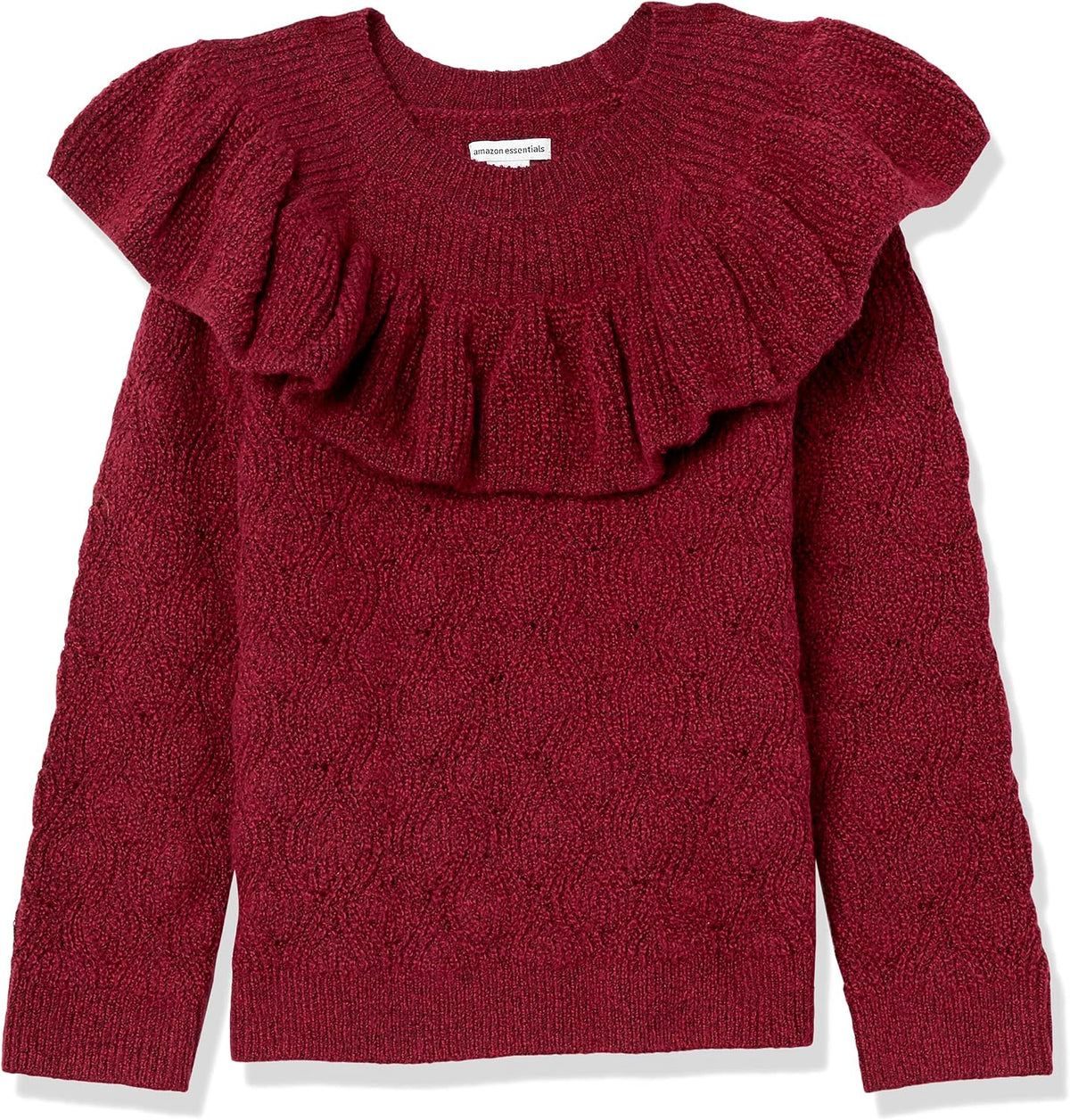 Amazon Essentials Girls and Toddlers' Soft Touch Pullover Crewneck Ruffle Sweater, Cable Knit, Cotton Blend