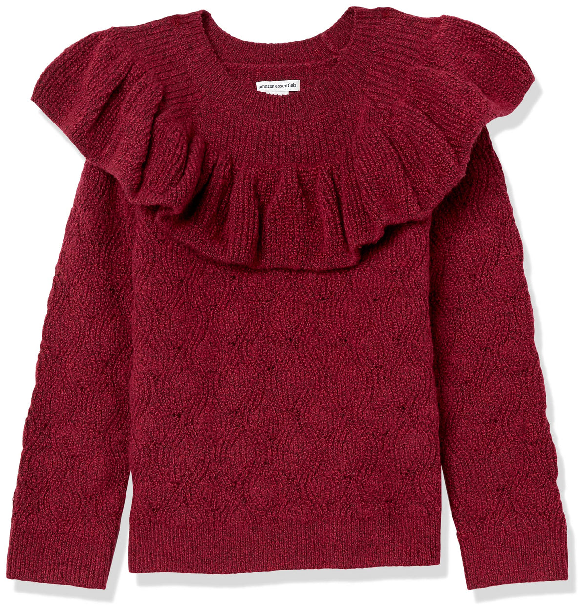 Amazon Essentials Girls and Toddlers' Soft Touch Pullover Crewneck Ruffle Sweater, Cable Knit, Cotton Blend