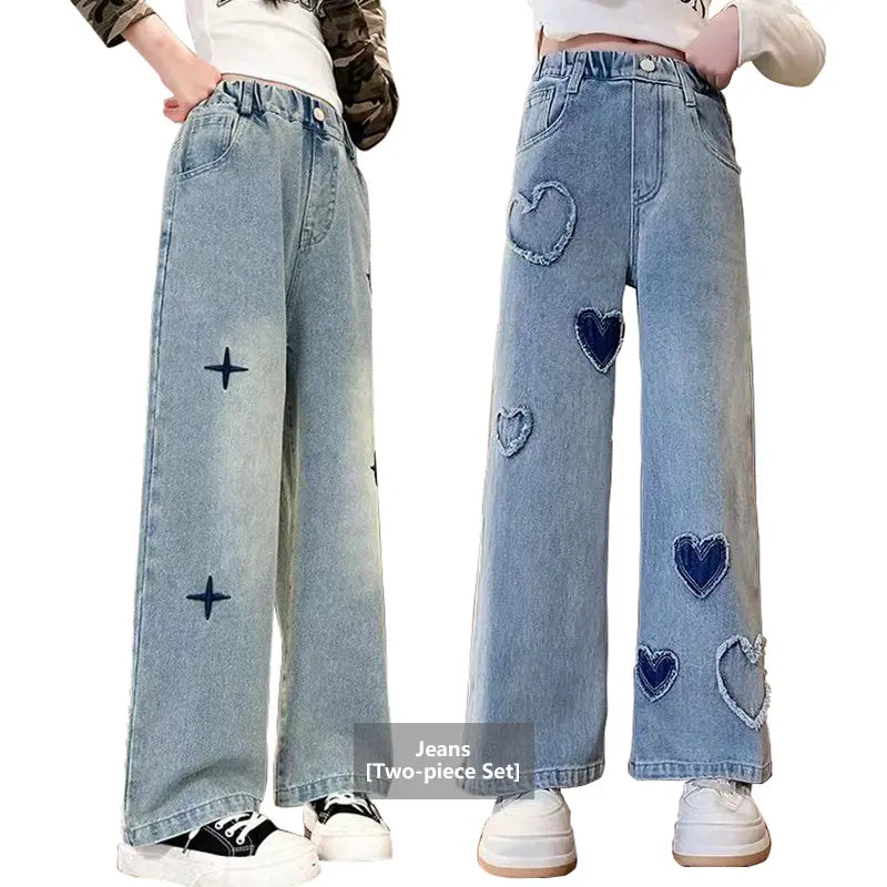 Girls' Denim Jeans, Spring & Autumn New Loose Casual Straight-Wide Leg Style with Heart Love Patch, Kids Clothing Girls Casual Bottoms,back to school
