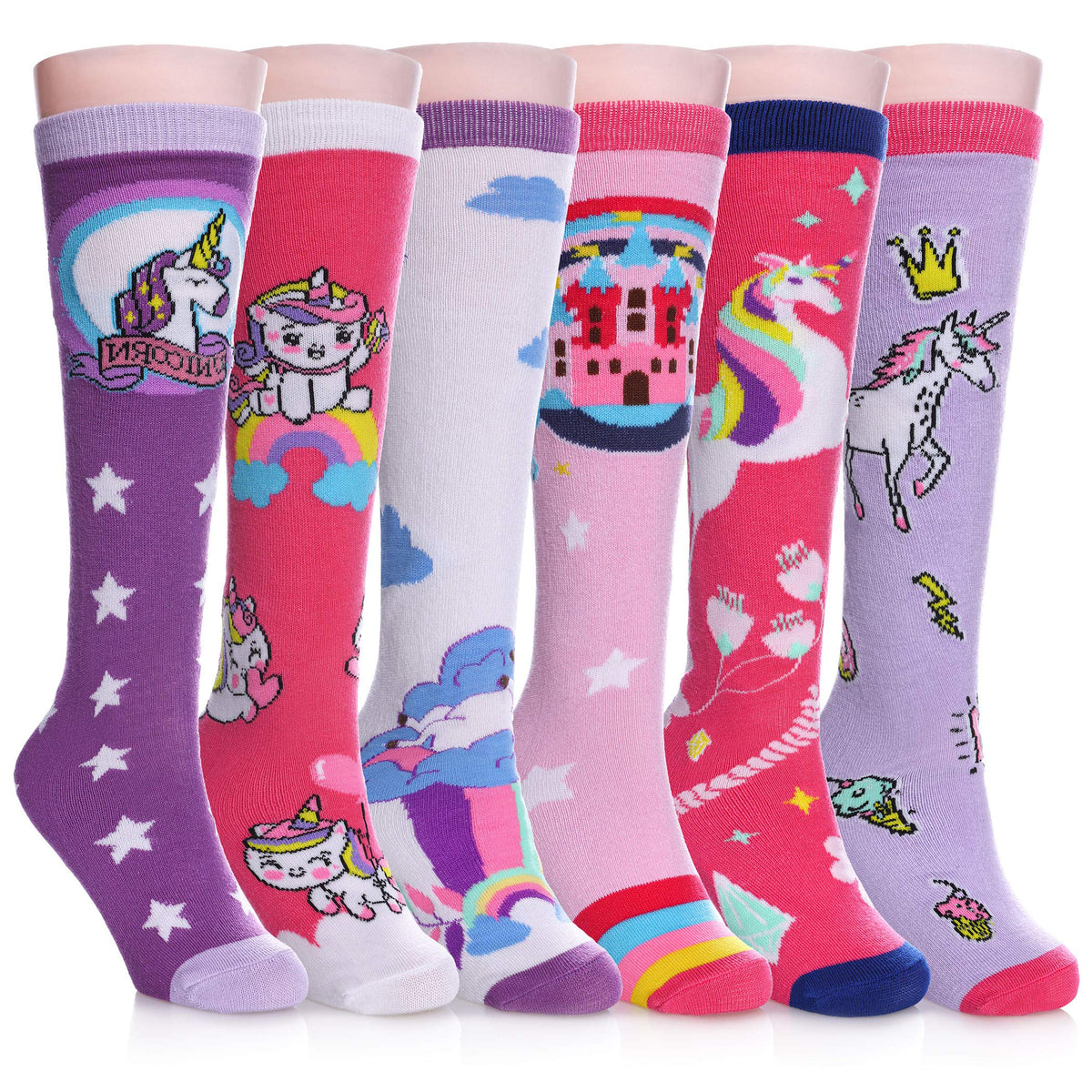 FNOVCO Girls Knee High Socks Kids Crazy Fun Gift Cute Animal Patterns Cotton Long Socks 6 Pairs